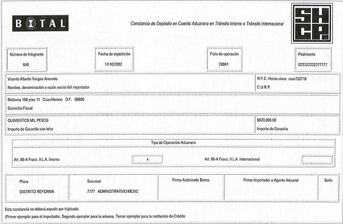 Constancia de Depsito en Cuenta Aduanera